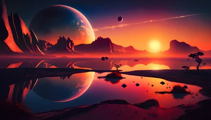Sunset on a deserted red alien planet, a lake with reflections of the mountains, golden hour, big moon, water on a distant planet, alient planet, sunset, sky, water, sun, clouds, sunrise, golden hour, background, landscape, orange, horizon, lake, reflection, red, dusk, beautiful, color, light, sunlight, evening, gradient, mountains, mountain, moon, mars, martian, space, cosmos, desert, fiction, science fiction, planet x, extraterrestic, extraterrestrial, interstellar, explore, exploration